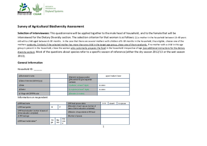 Mali Household Surveys for Agricultural Biodiversity Assessment: Questionnaire (EN)