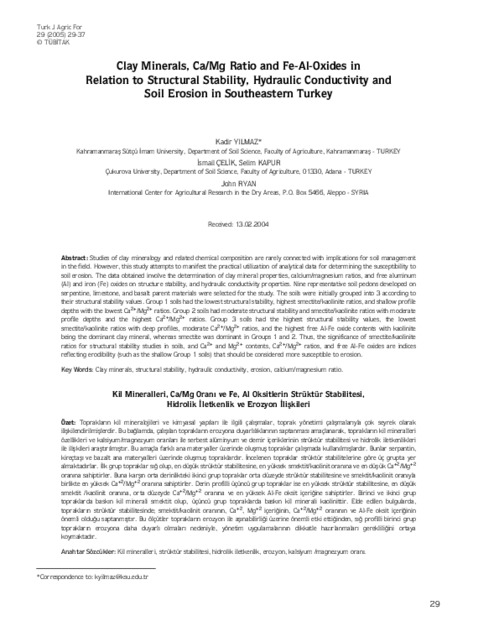 Clay minerals, Ca/Mg ratio and fe-al-oxides in relation to structural stability, hydraulic conductivity and soil erosion in southeastern Turkey