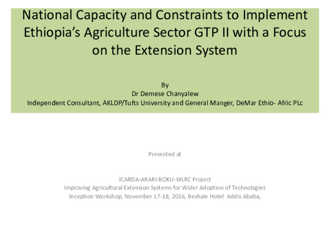 National Capacity and Constraints to Implement Ethiopia’s Agriculture Sector GTP II with a Focus on the Extension System