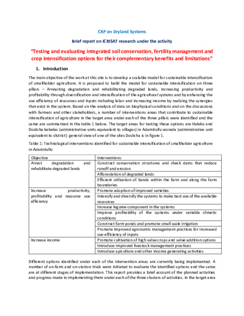 Testing and evaluating integrated soil conservation, fertility management and crop intensification options for their complementary benefits and limitations