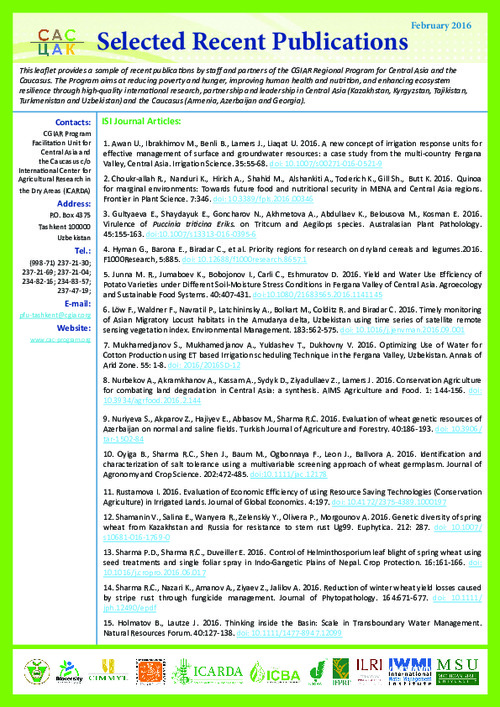 CGIAR Program Facilitation Unit for Central Asia and the Caucasus - Selected Recent Publications February 2016