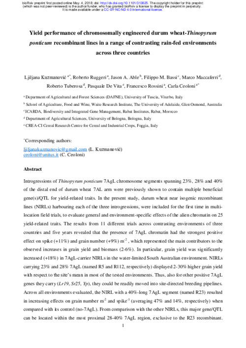 Yield of chromosomally engineered durum wheat-Thinopyrum ponticum recombinant lines in a range of contrasting rain-fed environments