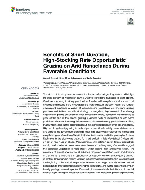 Benefits of Short-Duration, High-Stocking Rate Opportunistic Grazing on Arid Rangelands During Favorable Conditions