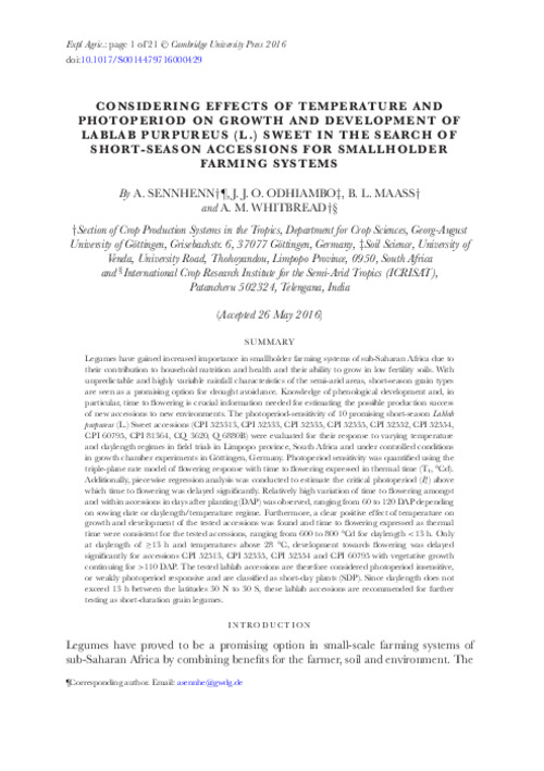 Considering effects of temperature and photoperiod on growth and development of lablab purpureus (l.) Sweet in the search of short-season accessions for smallholder farming systems
