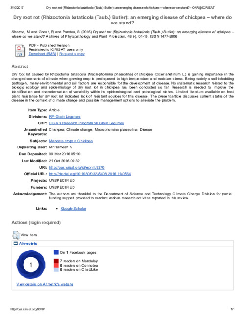 Dry root rot (Rhizoctonia bataticola (Taub.) Butler): an emerging disease of chickpea – where do we stand?