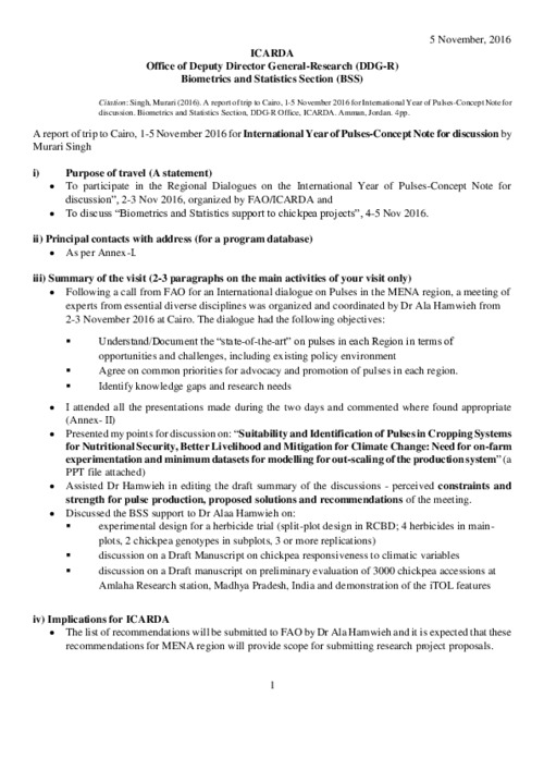 A report of trip to Cairo, 1-5 November 2016 for International Year of Pulses-Concept Note for discussion