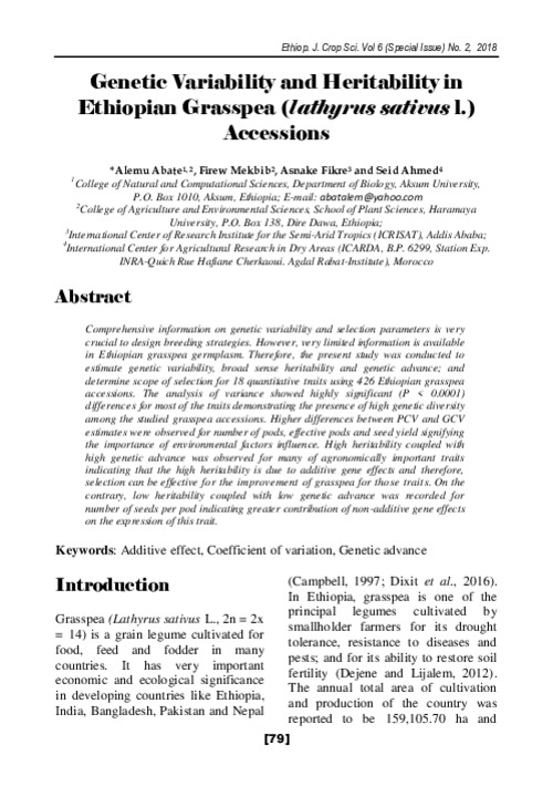 Genetic Variability and Heritability in Ethiopian Grasspea (lathyrus sativus l.) Accessions