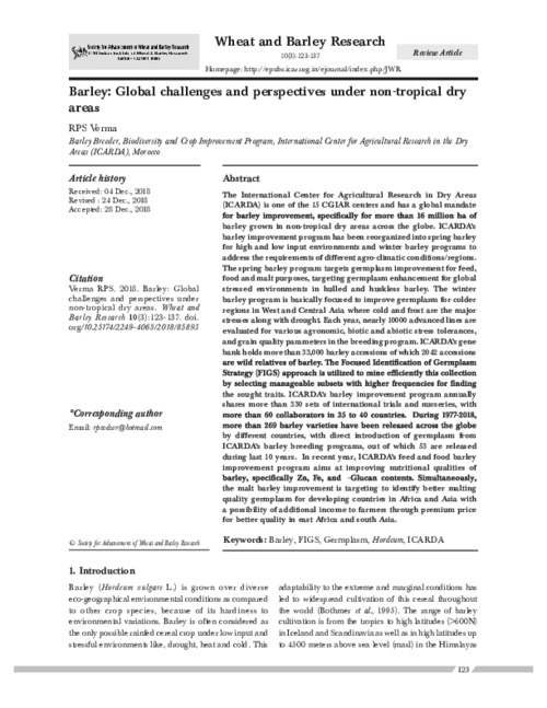 Barley: Global challenges and perspectives under non-tropical dry areas