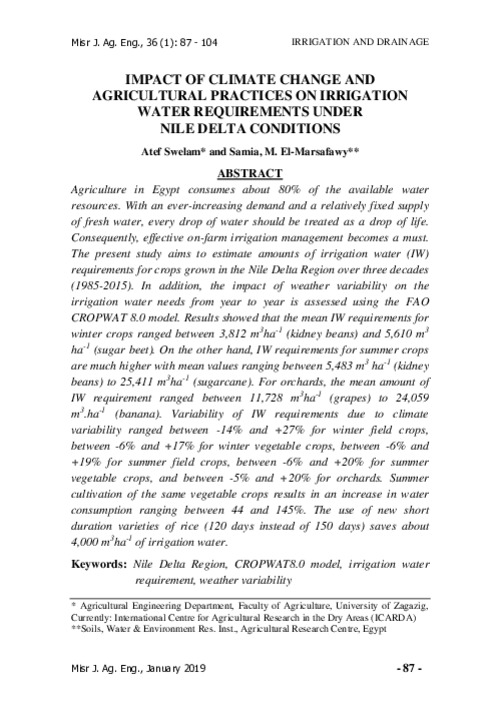 Impact of climate change and agricultural practices on irrigation water requirements under Nile delta conditions