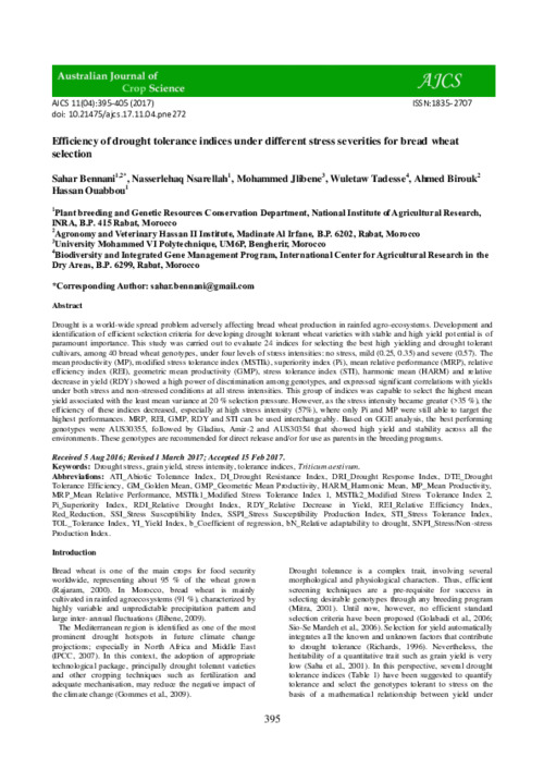 Efficiency of drought tolerance indices under different stress severities for bread wheat selection