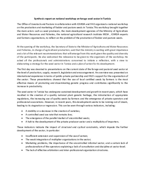 Synthesis report on national forage seed workshop