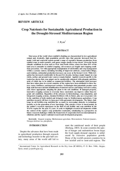 Crop Nutrients for Sustainable Agricultural Production in the Drought-Stressed Mediterranean Region