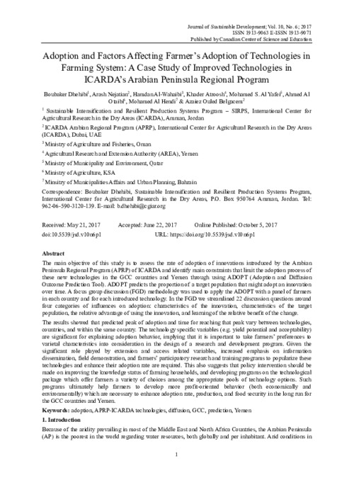 Adoption and Factors Affecting Farmer’s Adoption of Technologies in Farming System: A Case Study of Improved Technologies in ICARDA’s Arabian Peninsula Regional Program