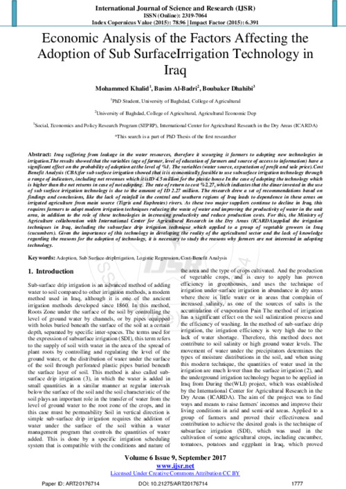 Economic Analysis of the Factors Affecting the Adoption of Sub Surface Irrigation Technology in Iraq