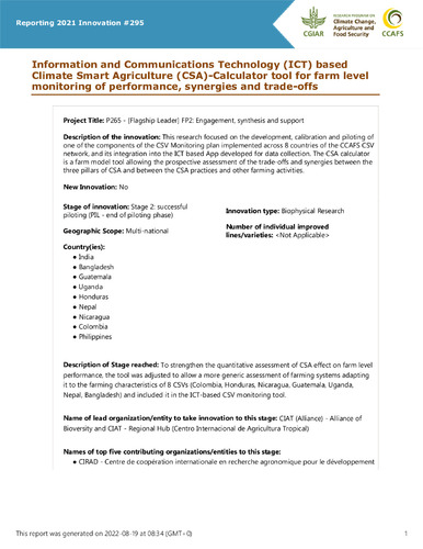 Information and Communications Technology (ICT) based Climate Smart Agriculture (CSA)-Calculator tool for farm level monitoring of performance, synergies and trade-offs