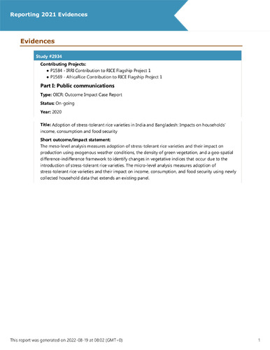 Adoption of stress-tolerant rice varieties in India and Bangladesh: Impacts on households' income, consumption and food security
