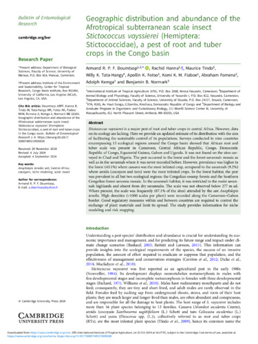 Geographic distribution and abundance of the Afrotropical subterranean scale insect Stictococcus vayssierei (Hemiptera: Stictococcidae), a pest of root and tuber crops in the Congo basin