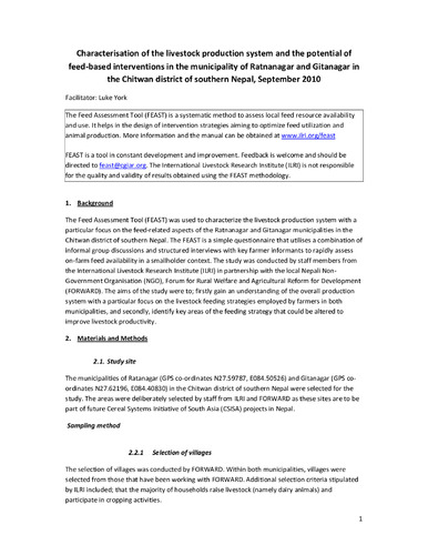 Characterization of the livestock production system and the potential of feed-based interventions in the municipality of Ratnanagar and Gitanagar in the Chitwan district of southern Nepal, September 2010