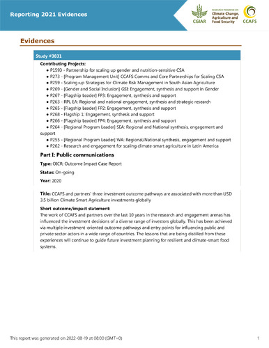 CCAFS and partners' three investment outcome pathways are associated with more than USD 3.5 billion Climate Smart Agriculture investments globally
