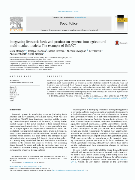 Integrating livestock feeds and production systems into agricultural multi-market models: The example of IMPACT