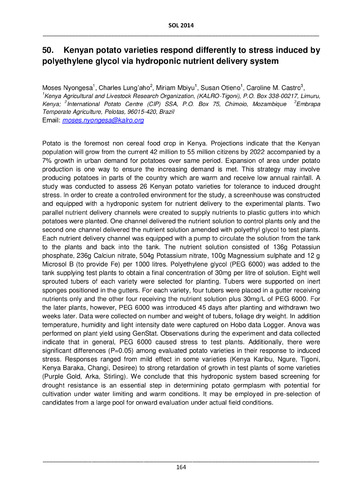 Kenyan potato varieties respond differently to stress induced by polyethylene glycol via hydroponic nutrient delivery system.