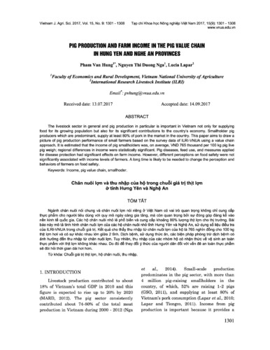 Pig production and farm income in the pig value chain in Hung Yen and Nghe An provinces