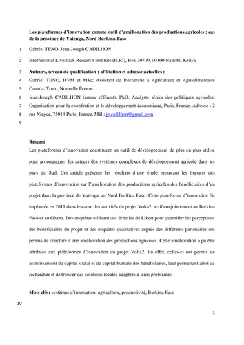 Innovation platforms as a tool for improving agricultural production: The case of Yatenga province, northern Burkina Faso