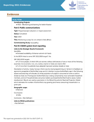 Monitoring surveys for zinc wheat in India (Bihar)
