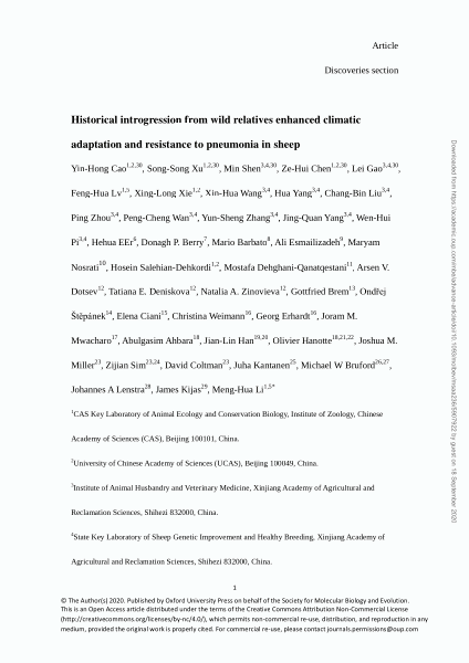 Historical introgression from wild relatives enhanced climatic adaptation and resistance to pneumonia in sheep