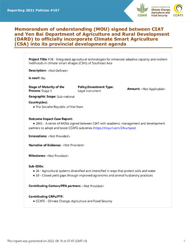 Memorandum of understanding (MOU) signed between CIAT and Yen Bai Department of Agriculture and Rural Development (DARD) to officially incorporate Climate Smart Agriculture (CSA) into its provincial development agenda