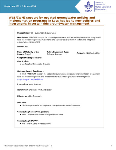 WLE/IWMI support for updated groundwater policies and implementation programs in Laos has led to new policies and investments in sustainable groundwater management