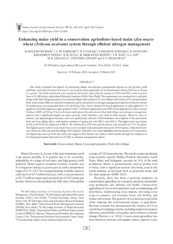 Enhancing maize yield in a conservation agriculture-based maize (Zea mays)- wheat (Triticum aestivum) system through efficient nitrogen management