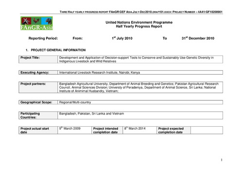 Development and application of decision-support tools to conserve and sustainably use genetic diversity in indigenous livestock and wild relatives: Third half yearly progress report, July 1, 2010 - December 31, 2010