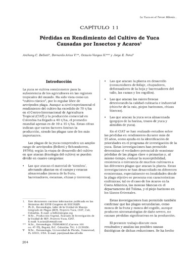 Pérdidas de rendimiento del cultivo de yuca causadas por insectos y ácaros