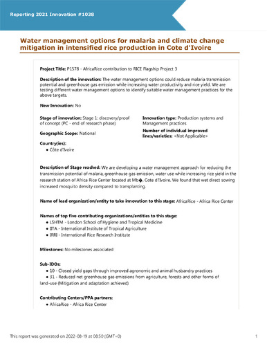 Water management options for malaria and climate change mitigation in intensified rice production in Cote d'Ivoire