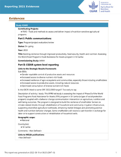 Building resilience through improved productivity, food security, health and nutrition: Assessing the World Food Program’s Food Assistance for Assets program in Sri Lanka