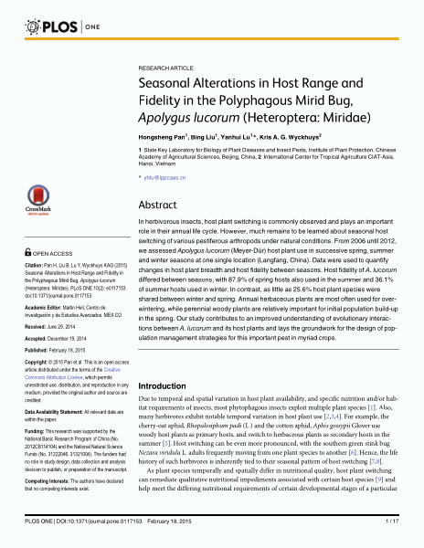 Seasonal alterations in host range and fidelity in the polyphagous mirid bug, apolygus lucorum (Heteroptera: Miridae)