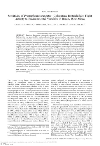 Sensitivity of Prostephanus truncatus (Horn) (Coleoptera:Bostrichidae) flight activity to environmental variables in Benin, West Africa