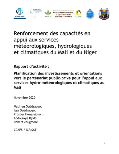 Renforcement des capacités en appui aux services météorologiques, hydrologiques et climatiques du Mali et du Niger Rapport d’activité : Planification des investissements et orientations vers le partenariat public-privé pour l’appui aux services hydro-météorologiques et climatiques au Mali