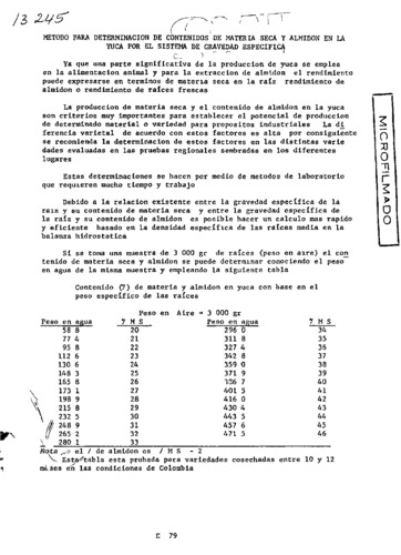 Metodo para determinacion de contenidos de materia seca y almidon en la yuca por el sistema de gravedad especifica