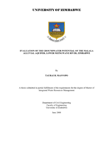 Evaluation of the groundwater potential of the Malala alluvial aquifer lower Mzingwane river Zimbabwe