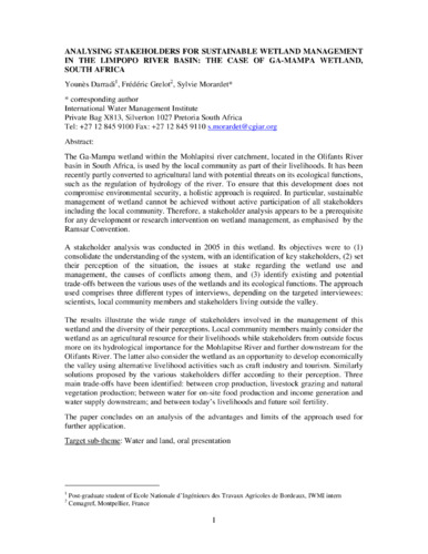 Analysing stakeholders for sustainable wetland management in the Limpopo River basin: The case of GaMampa wetland
