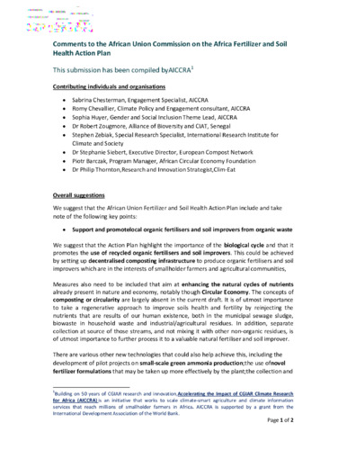 Comments to the African Union Commission on the Africa Fertilizer and Soil Health Action Plan