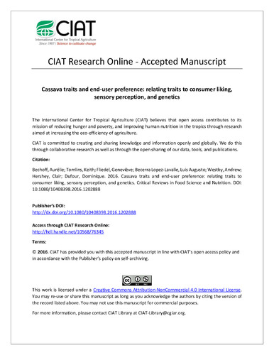 Cassava traits and end-user preference: relating traits to consumer liking, sensory perception, and genetics