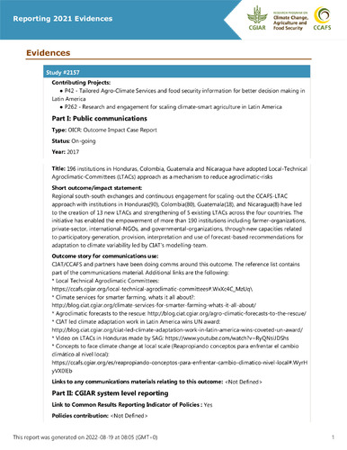 196 institutions in Honduras, Colombia, Guatemala and Nicaragua have adopted Local-Technical Agroclimatic-Committees (LTACs) approach as a mechanism to reduce agroclimatic-risks
