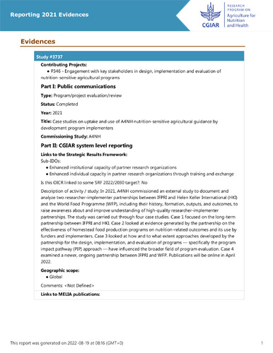 Case studies on uptake and use of A4NH nutrition-sensitive agricultural guidance by development program implementers