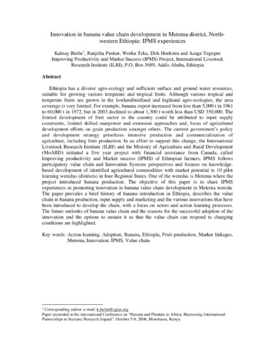 Innovation in banana value chain development in Metema district, northwestern Ethiopia: IPMS experiences