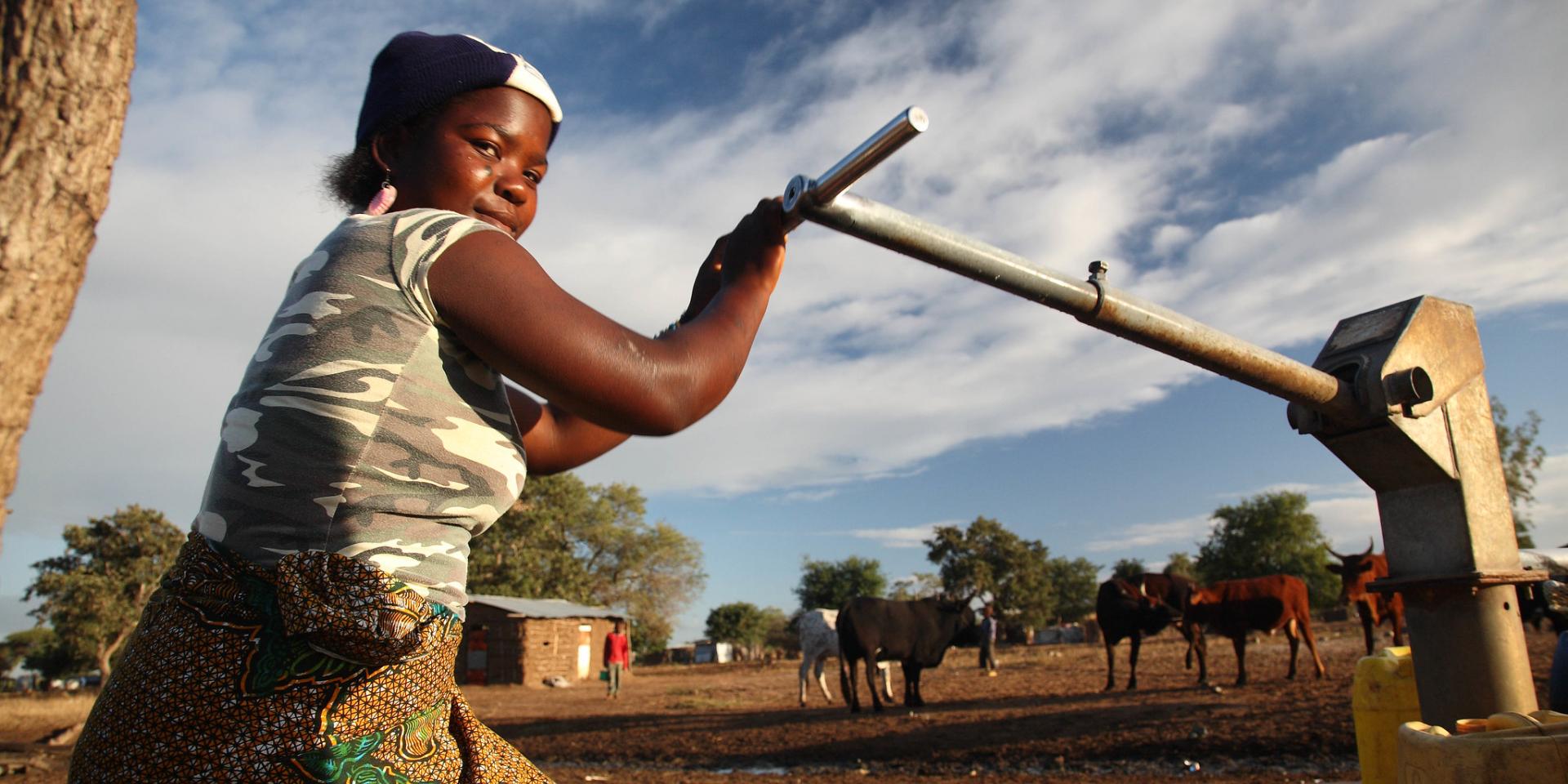 A woman pumps water for her livestock