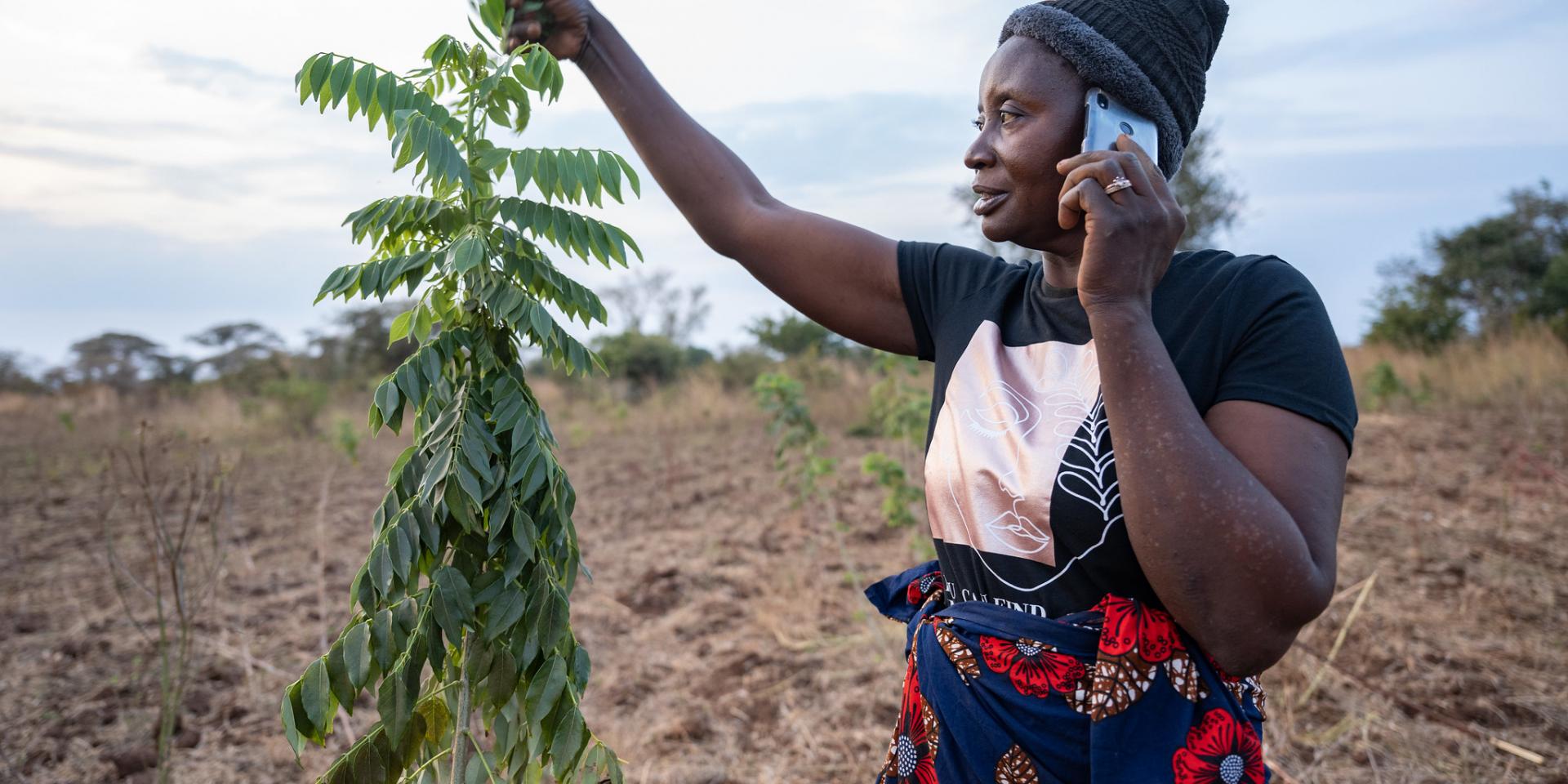 Women farmer talking in cell phone, standing in field next to tall plant