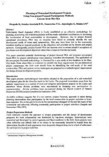 Planning watershed development projects using non-project focused participatory methods: lessons from Mee Oya. Paper 116a of Session 13